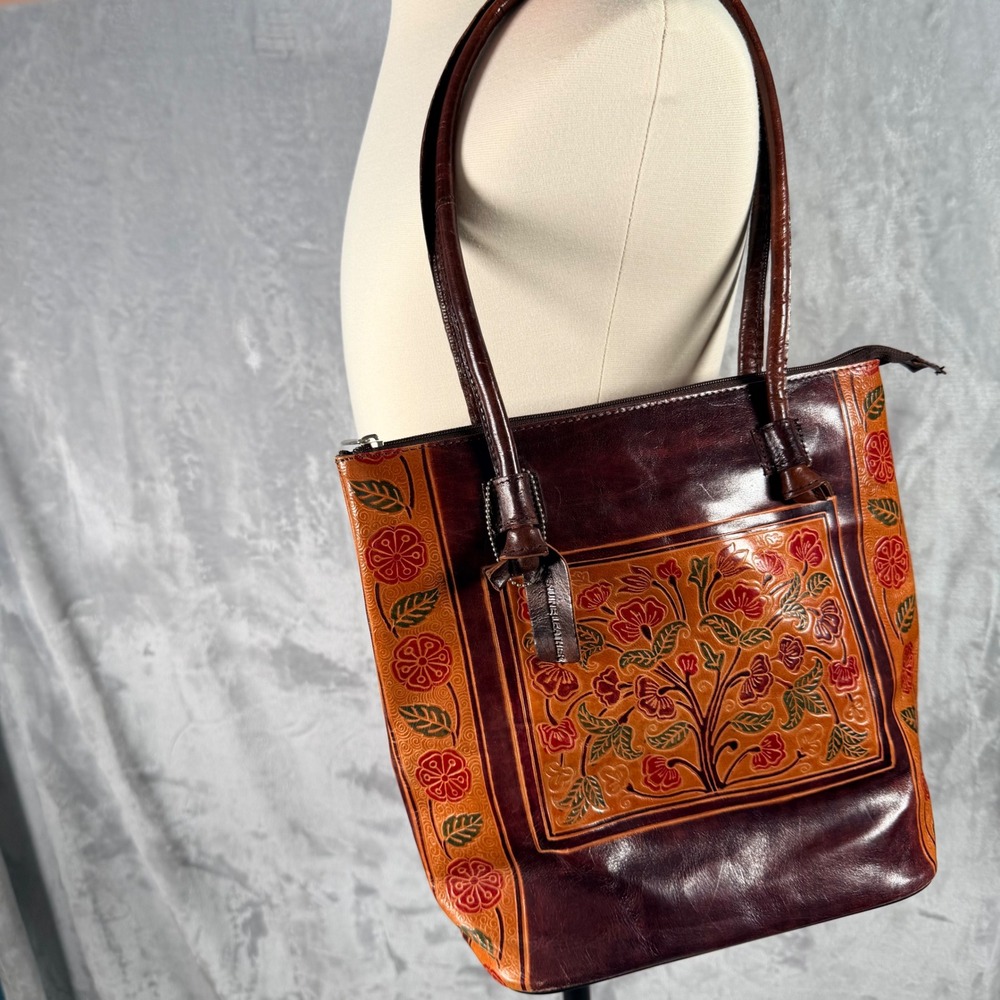 Great American Leather Works Floral Tooled Cowhide Leather Tote Bag Brown Tan